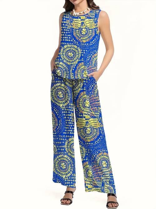 item picture a and textured imitation suit with hand painted prints it a round neck sleeveless top and long pants with side pockets this easy and stylish suit is perfect for daily commuting