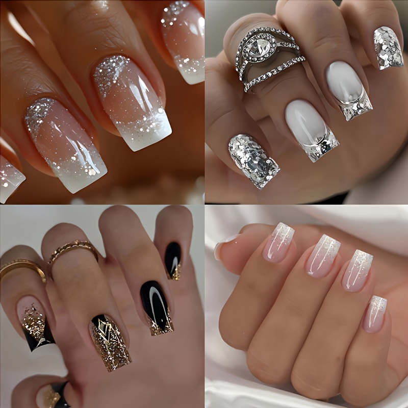 

A Set Of 96 Medium-length Mixed -on Fake Nails, Featuring Full-cover French Nails With Golden And Silvery Glitter Gradients, Women And Girls As Nail Decorations.