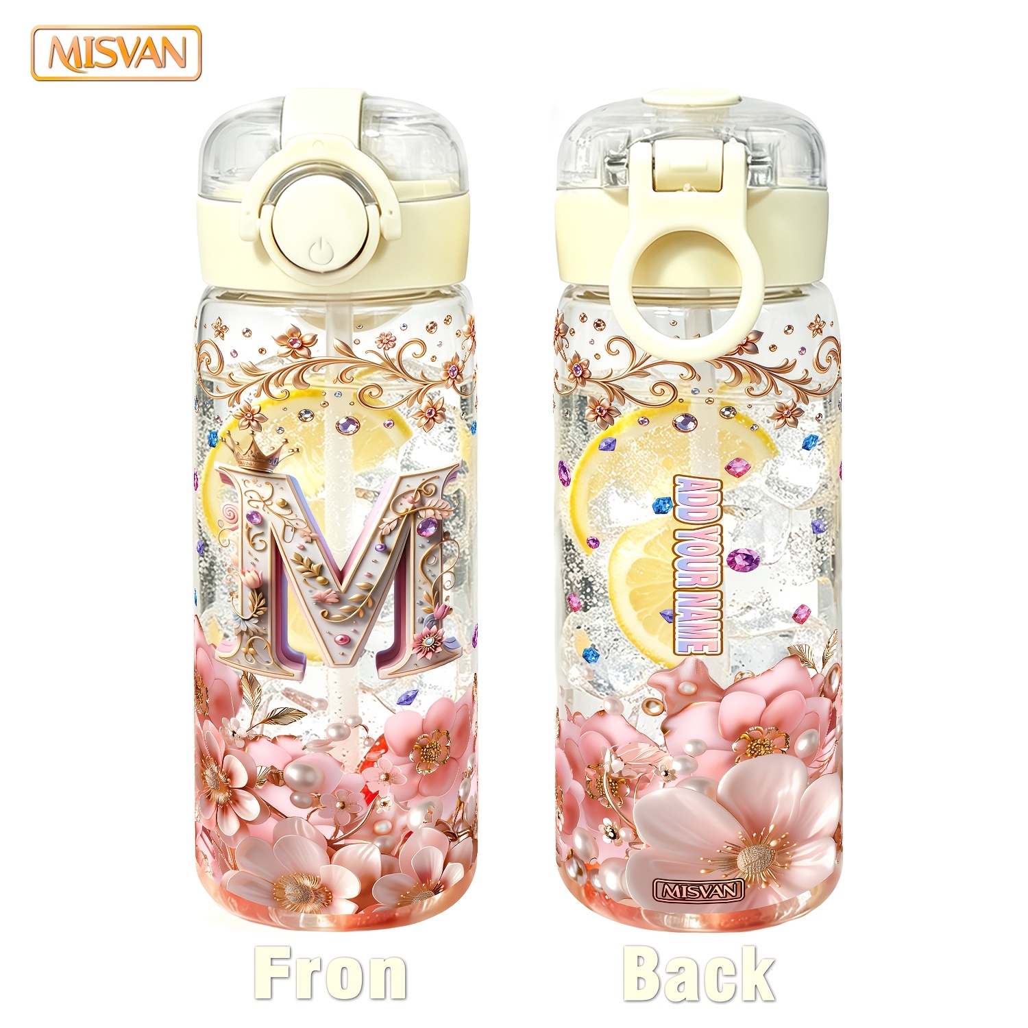 TEMU 1pc Customizable Text, Luxury Pink Golden Floral Crown Letter Print, 13oz Water Bottle With Straw Open Turn Lid With Safety Lock, Portable