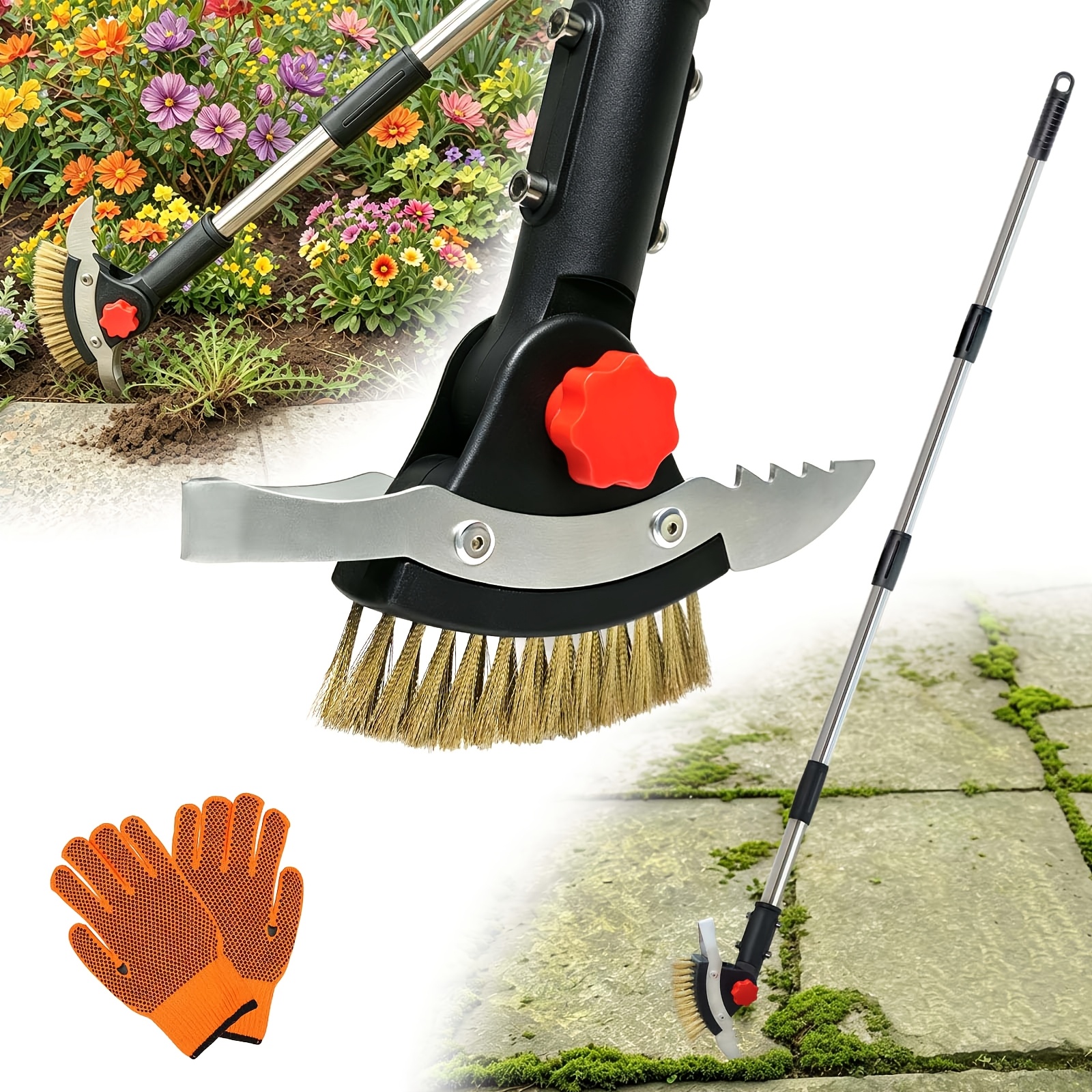 TEMU 3in 1 Crack Weeder Tool Long Handle | Heavy Duty Weed Puller, Stainless Steel Crevice Weeding Tool, Moss Scraper, For Driveway, Patio, Pavers,