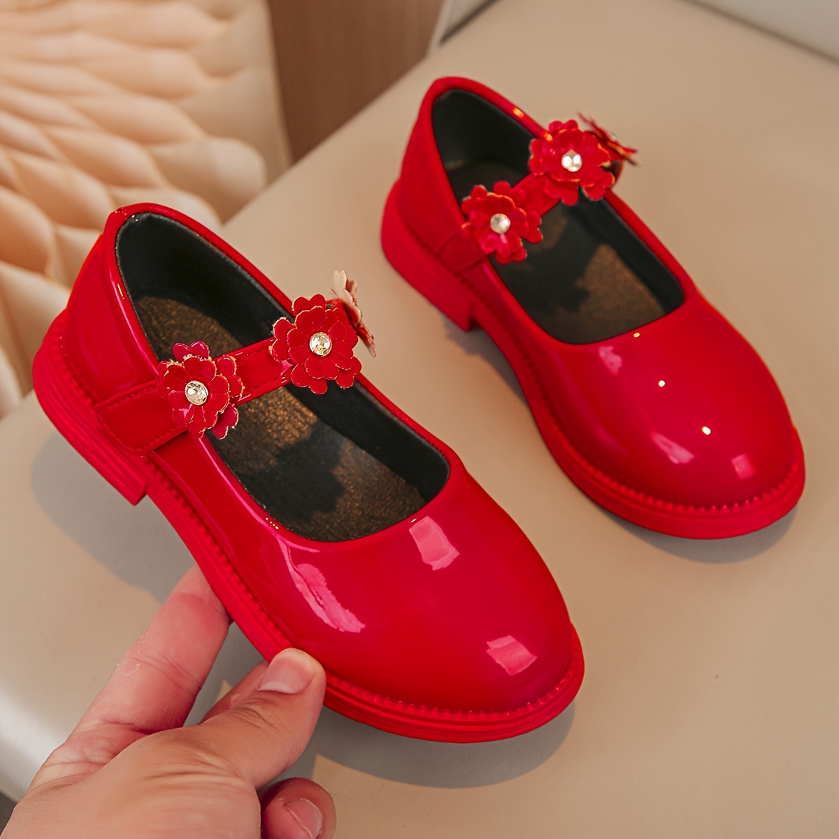 girls red glossy pu mary jane shoes heart flower bow buckle Temu