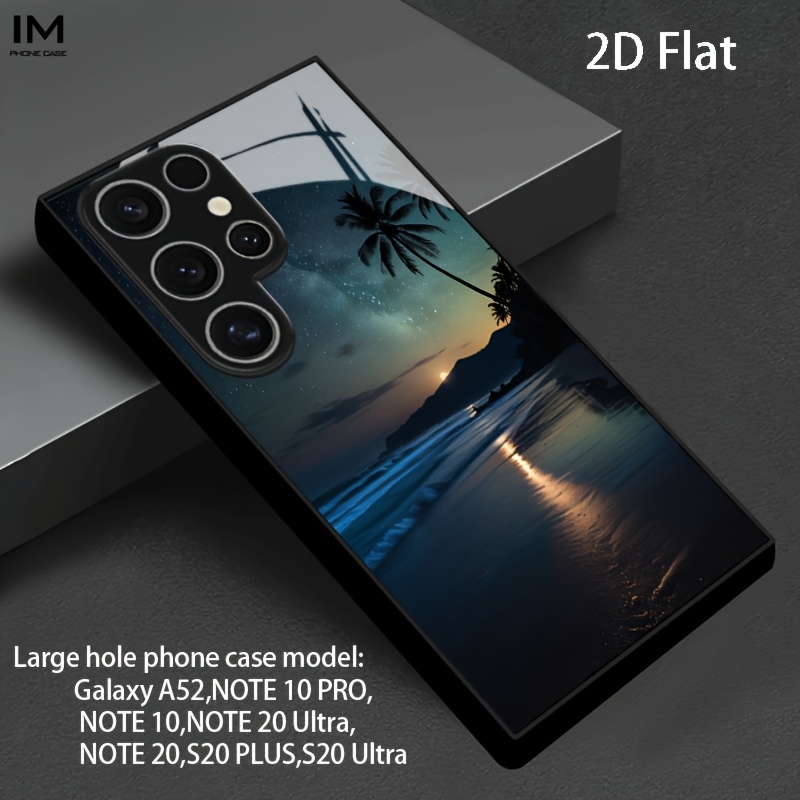 TEMU Phone Case - 2d Flat Starry Night Tropical Beach Black Tempered Glass Phone Case Suitable For Galaxy S26 Plus, S26 Ultra, S26, S25 Plus, S25