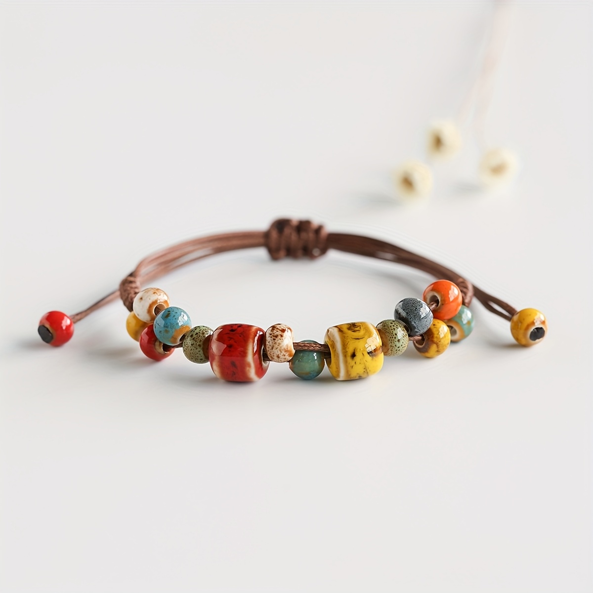 TEMU 1pc Vintage Bohemian Ceramic Women's Braided Bracelet, Adjustable Length, Suitable For Daily Wear, Travel, Vacation, Parties, And , A Perfect Gift For