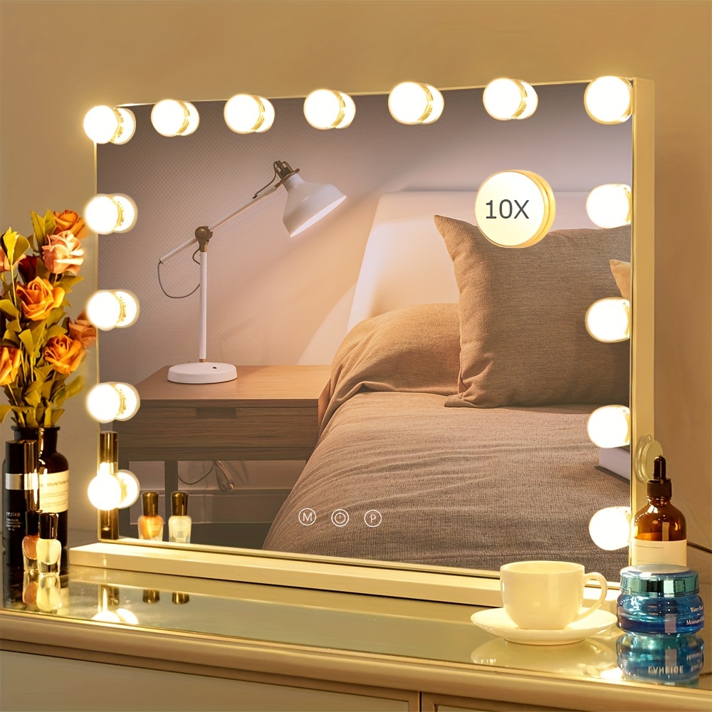 

Large Lighted Vanity Mirror With 15 Dimmable Led Bulbs, Usb Charger Port, Tabletop Or Wall-mounted White