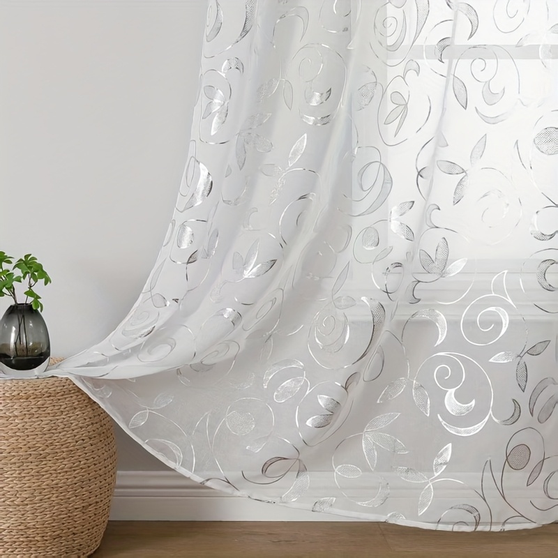 Image of 2pcs White Sheer Moonflower Translucent Privacy Curtains, - Suitable For Hotels, Offices, Schools, Country Churches, Living Rooms, Bedrooms, Kitchens