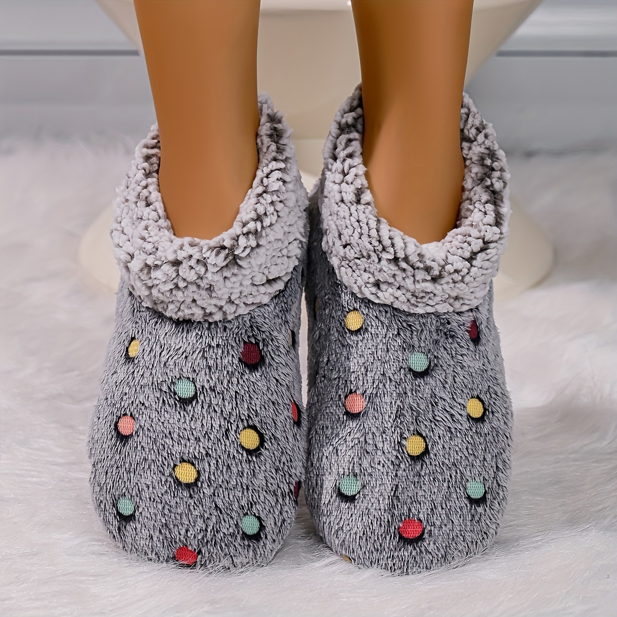 Image of Women's Comfortable Indoor Short Boots - Black Soft Sole With Colorful Polka Dot Pattern, Warm Fleece Lining, Silent Sole, Shoes.