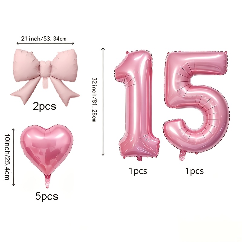 TEMU Juego de 9 piezas de globos para de 15º aniversario, de lámina con número rosa de 32 pulgadas, de lámina de rosa, juego de globos de lámina de ,