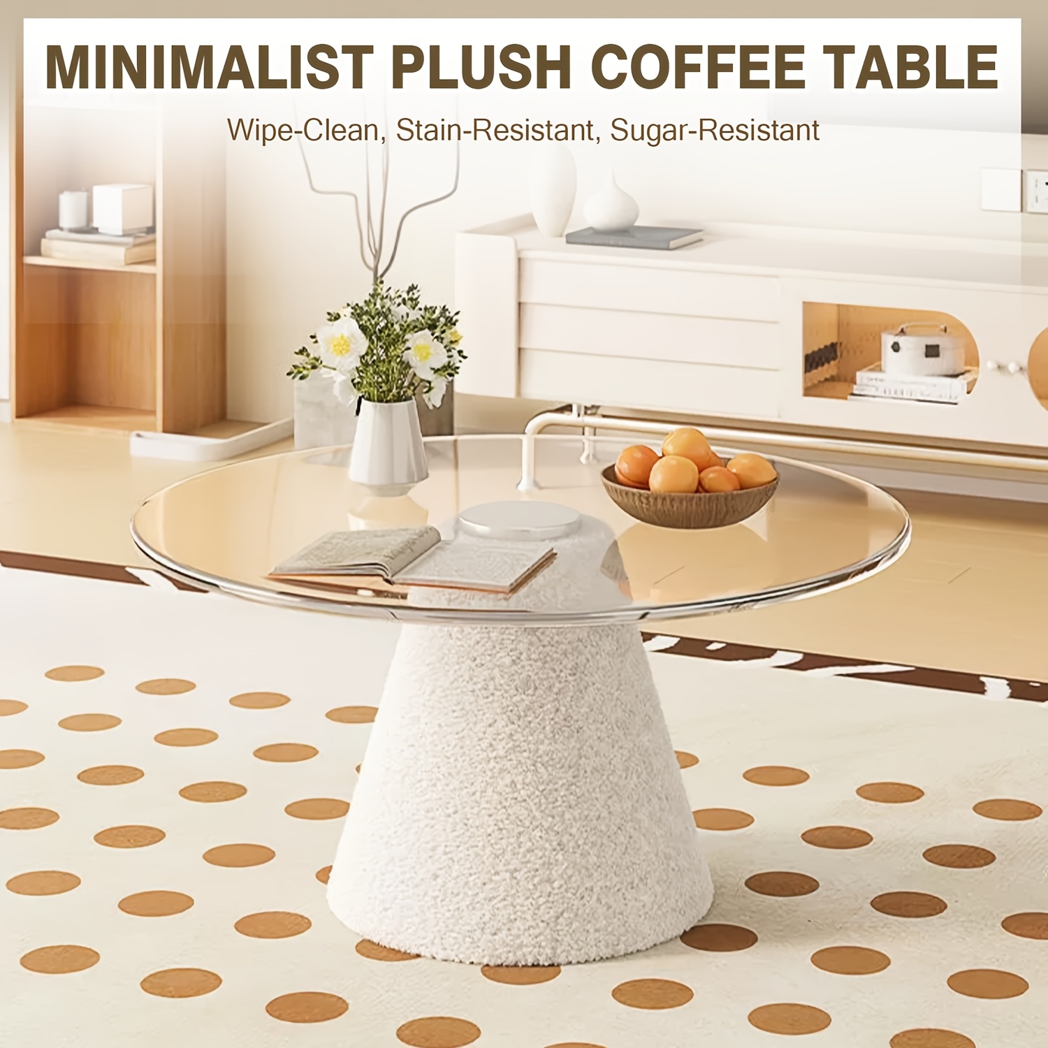 Image of Modern Small Sofa Side Table, 70cm Diameter Round Solid Wood Coffee Table, Tempered Glass Tabletop And Velvet Wrapped Conical Base, Easy And Warm, Suitable For Living Room, Bedroom