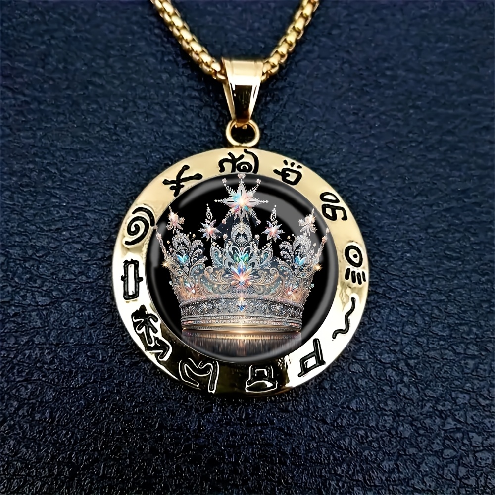 A Golden, Round, Ornate Crown Pendant Necklace With Sparkling Starlight And Encircling Mysterious Symbols Is Suitable For Casual Attire Or As A Gift.