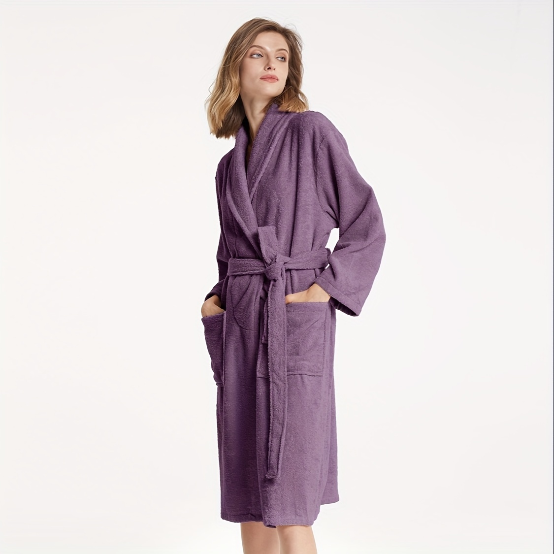 Peignoir Femme Yeaupe Pro 100% Coton - Capuche, Poches, Taille L, Violet Lavande, Pour Bain, Sauna, Piscine