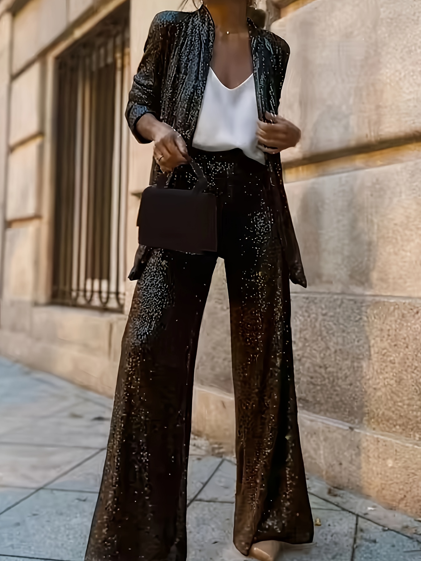 Conjunto Elegante de Traje con Lentejuelas para Mujer, Cuello y Larga  con Pantalón de Color