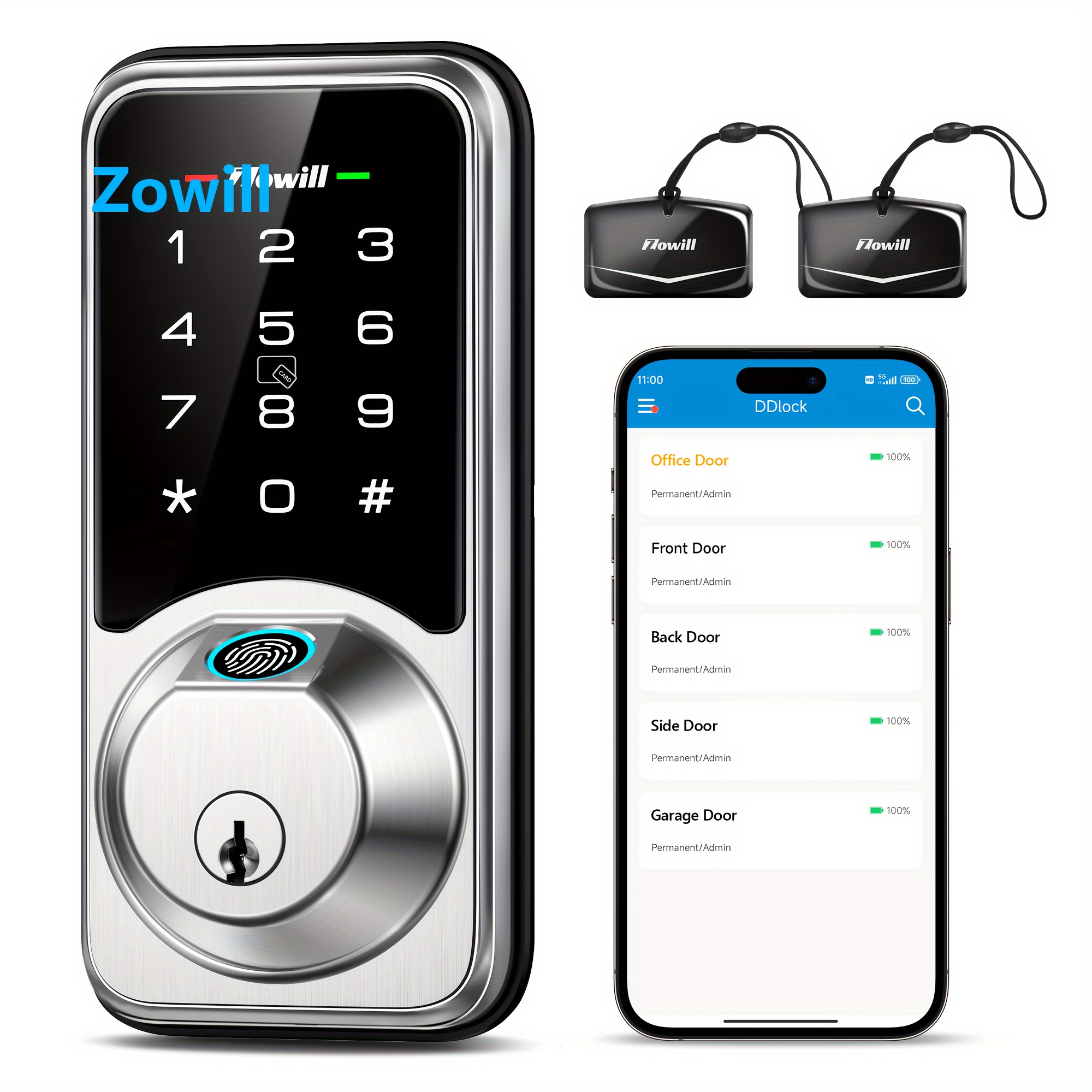 

Door Lock, Fingerprint Lock - 7-in-1 Keyless Entry, Touchscreen Keypad, , App Control,