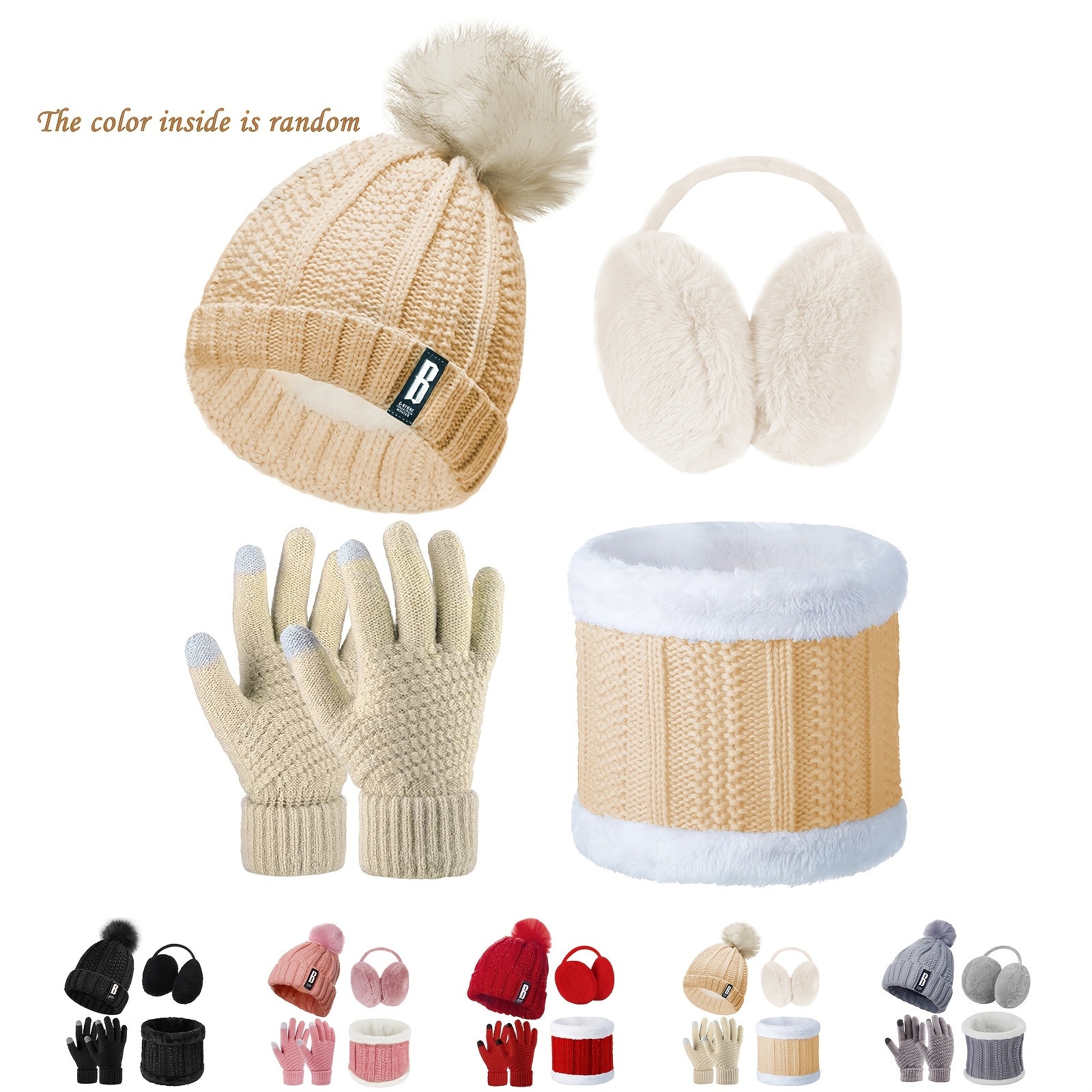 

Knitted Hat And Scarf Set 4pcs Winter Set, Winter Plush Warm Knitted Scarf Beanie Hat And Touch Screen Gloves Set Women For Skiing Hat Outdoor Sports