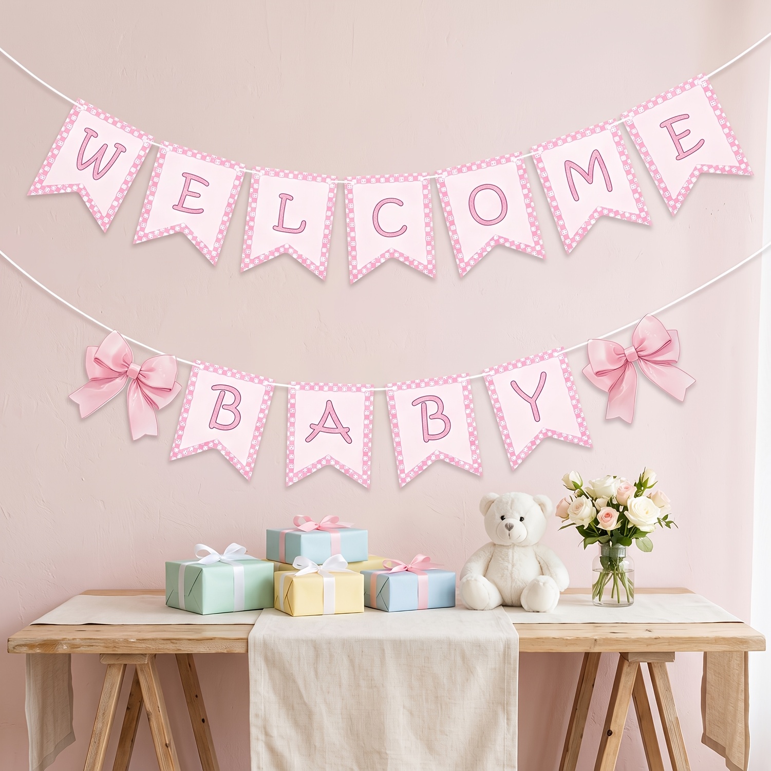 Welcome Baby Garland, Pink Bow Hanging Banner for Baby Shower