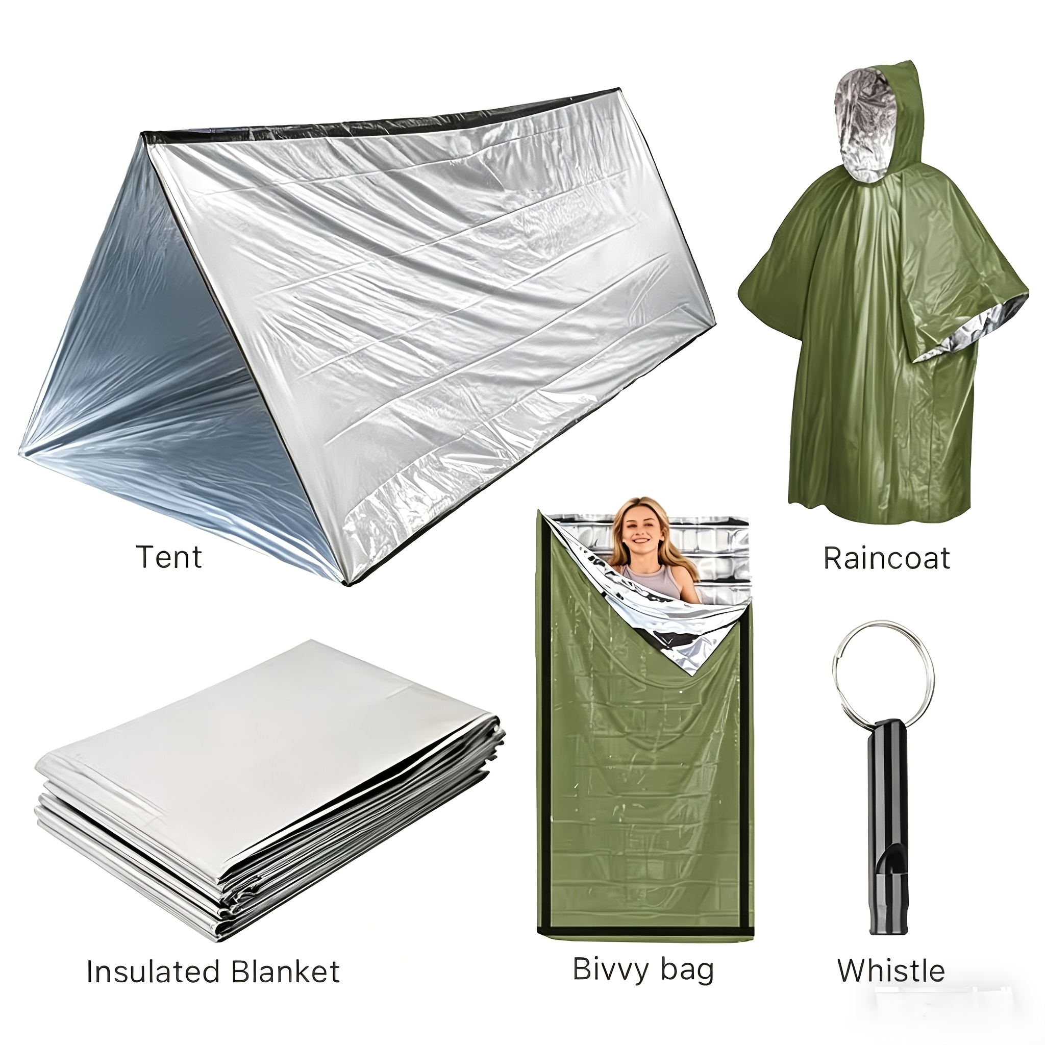 TEMU Outdoor 5pcs Safety Sleeping Gear Set, Including Tent, Sleeping Bag, Whistle, Raincoat, And Thermal Blanket, Portable Outdoor Camping Kit