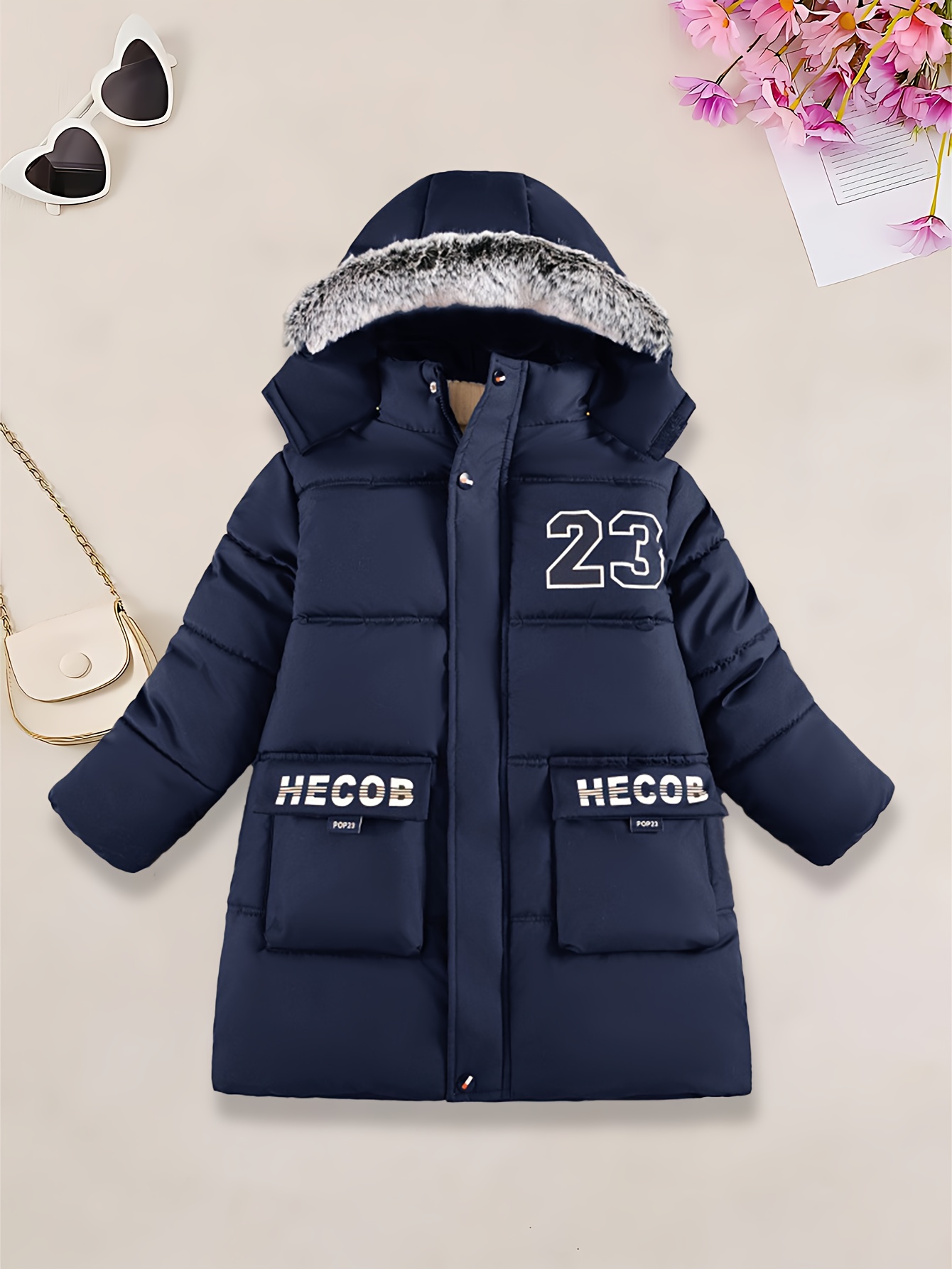 Boys' Heavy-Duty Winter Jacket - Navy Blue Hooded Coat with, Machine Washable Cold Weather Outerwear for & Kids - Warm Outer Jacket for Skiing, School, Playdates