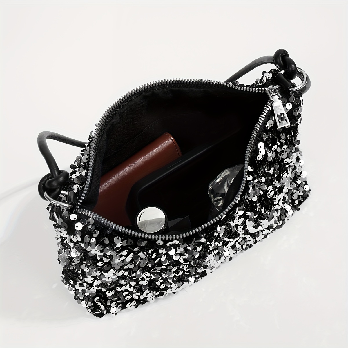 True Decadence satin shoulder bag with embellished detail in black