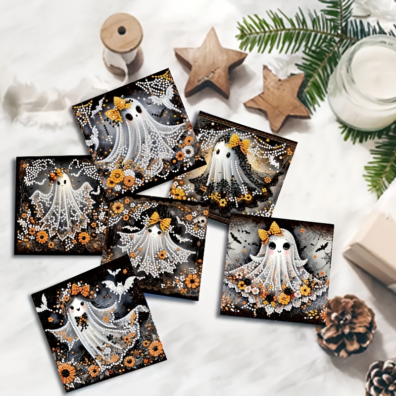 TEMU 6pcs Diamond Painting Greeting Card Set - Halloween Theme Cute Little Series, Jewelry Partially Inlaid Handmade Greeting Card With 6 Envelopes,