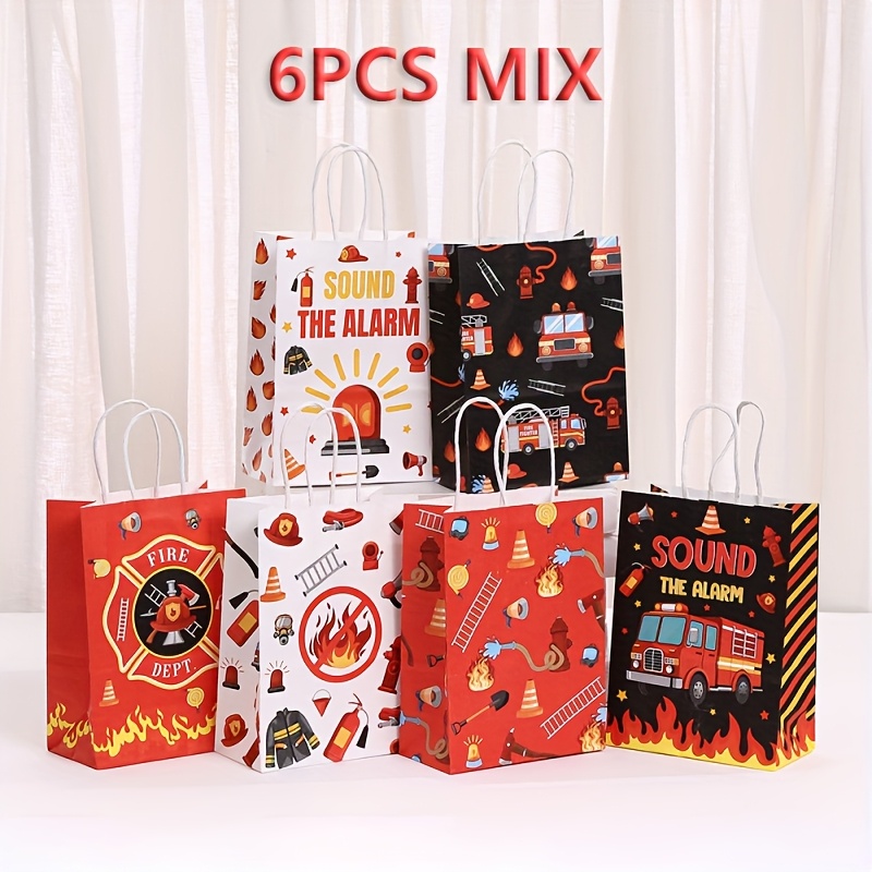 TEMU 6/12pcs Fire Truck Themed Pattern Gift Bags, Alarm Sound Pattern Tote Bags, Suitable For Firefighter Birthday Party Gift Bags, Party Gift Bag Packaging, Shopping Bags.