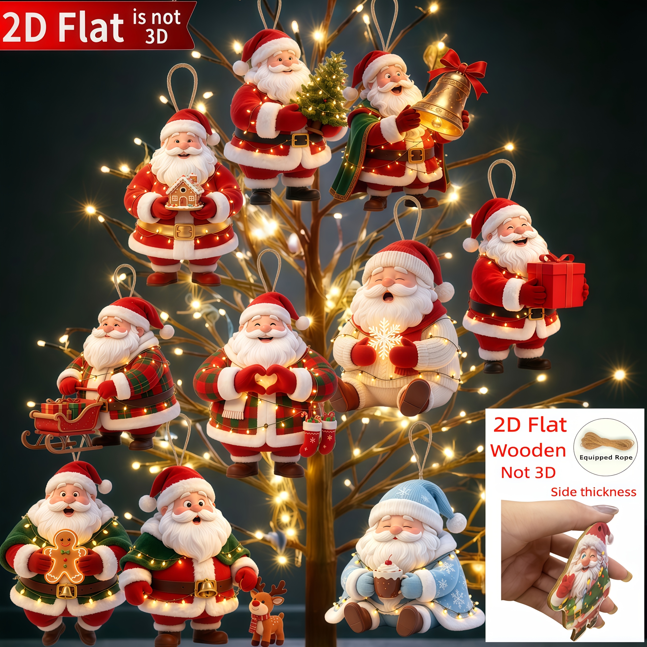 TEMU 2d Flat, 10pcs Cute Santa Claus Ornaments Wearing Santa Hats And Holding Gifts, Wooden Hanging Ornaments, Suitable For Indoor/outdoor Trees,