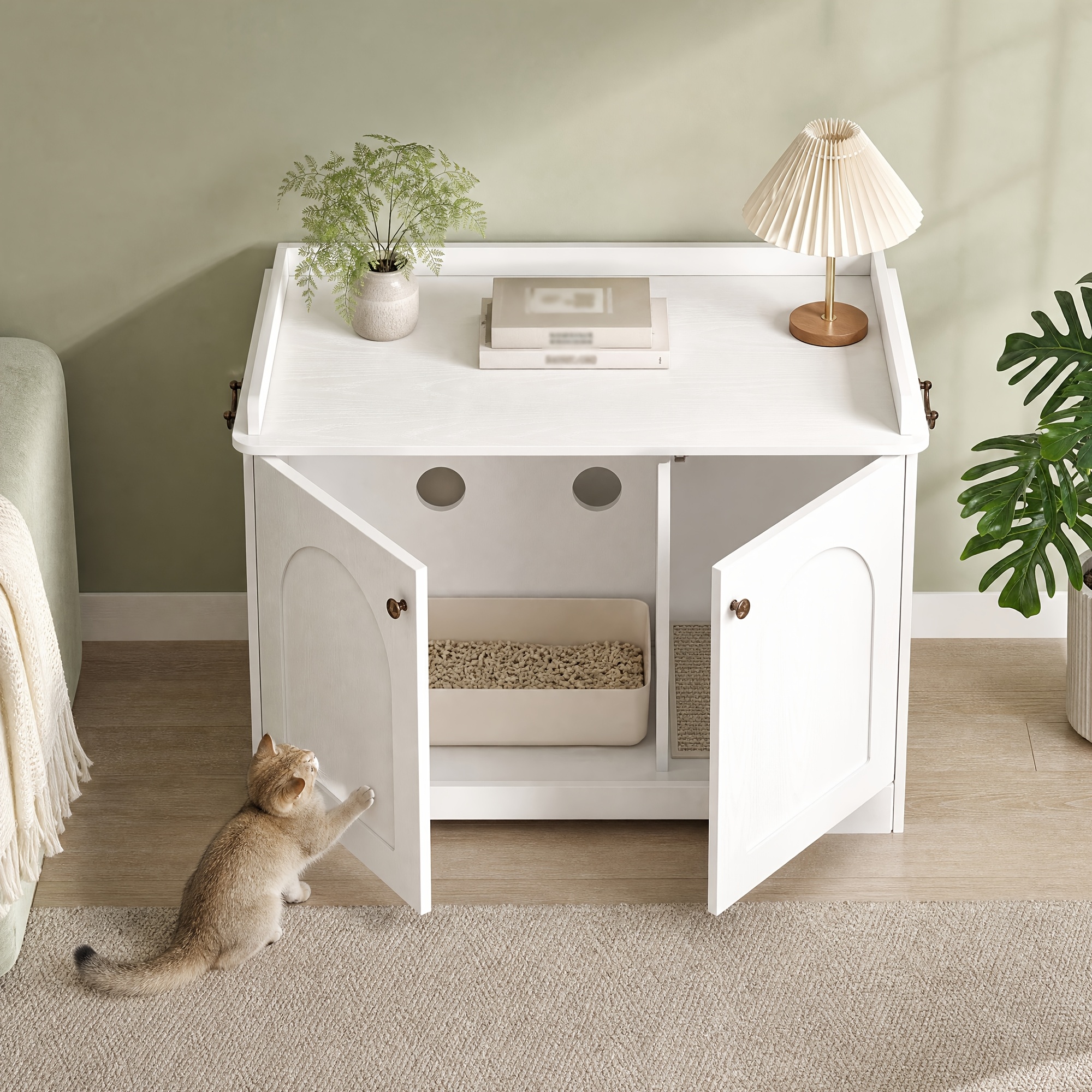 A Modern, Concealed Cat Cabinet That Combines A Cat With A Side Table, Suitable For Use In Bedrooms And Living Rooms, Featuring A White Retro Design.