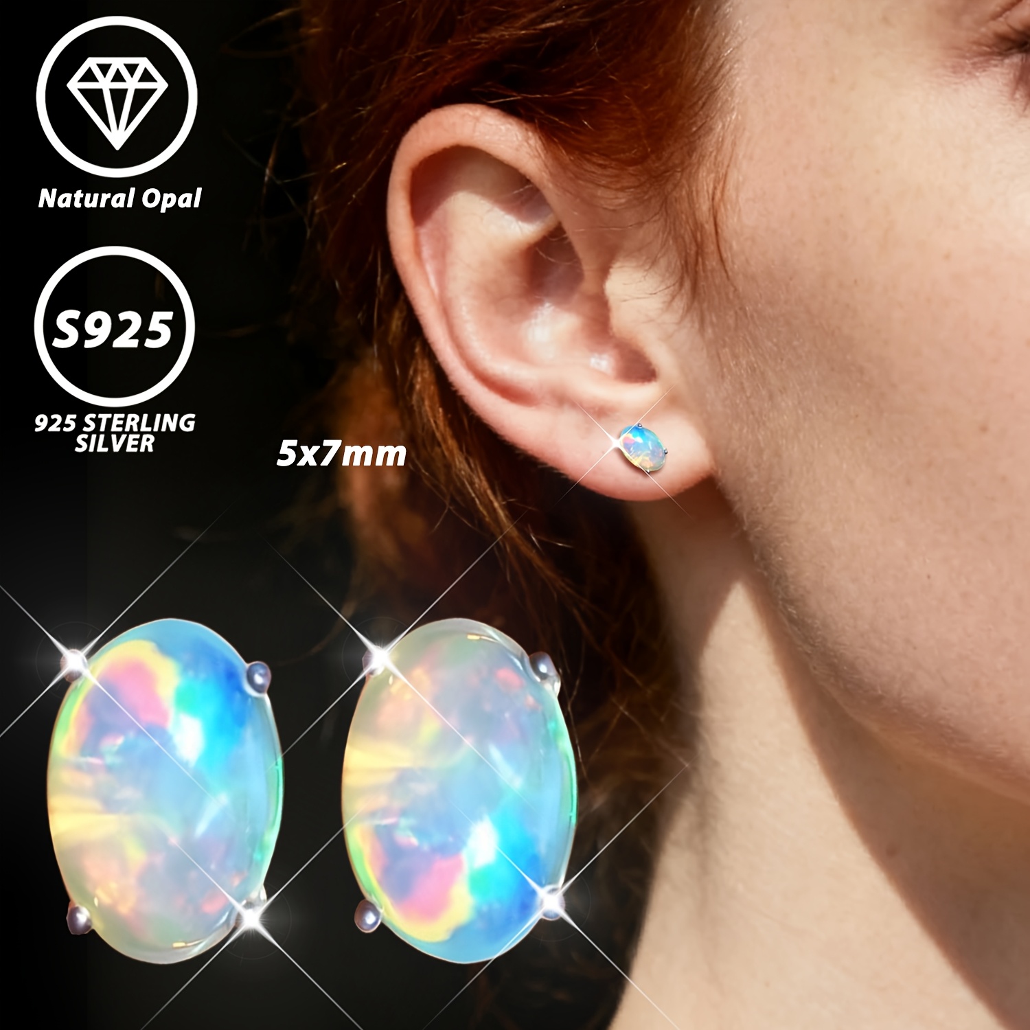 E-shop Opal Silber Ohrringe, 0,028oz Silbergewicht, Hypoallergen Leicht, Besetzt mit 5x7mm Premium Feueropal, Oktober Geburtsstein, Elegantes