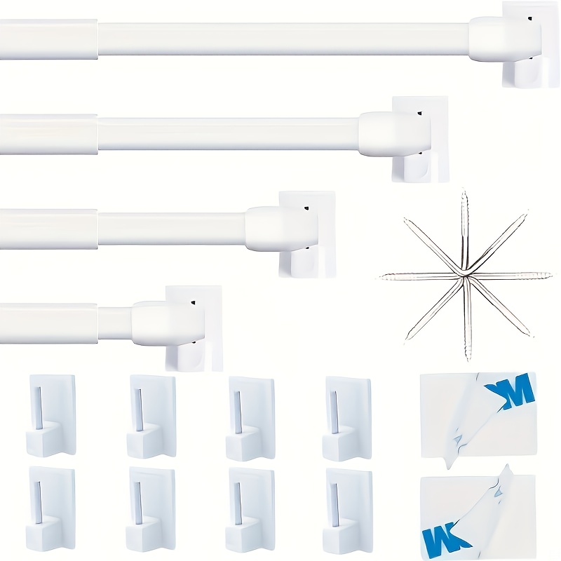 4pcs (30-50cm) Extendable Curtain Rod No Drill Adjustable Curtain Rod No Drill For Home & Adhesive Curtain Hooks, White&black
