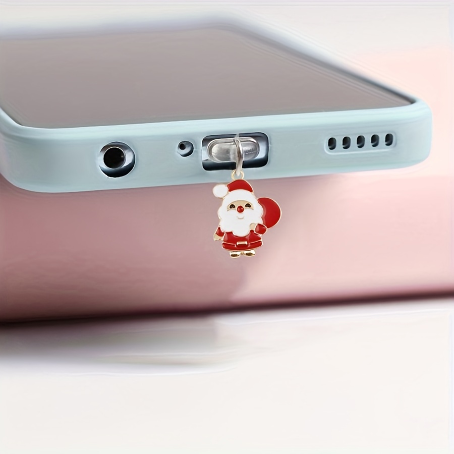 

Christmas Santa Alloy Charm Anti-dust Plug Set For Mobile Phone, Fashionable Charging Port Dust Cap With Decorative Pendant Accessory - Pack Of Alloy Metal Anti-dust Plugs