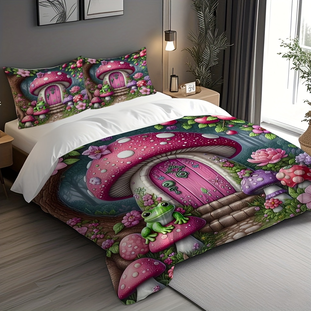 E-shop 3-teiliges Bettbezug-Set, Waldpilzhaus Pflanzen- und Tierdruck Muster Lässiger Lazy Style Enthält 1 Bettbezug 2 Kissenbezüge (Kissenfüllungen