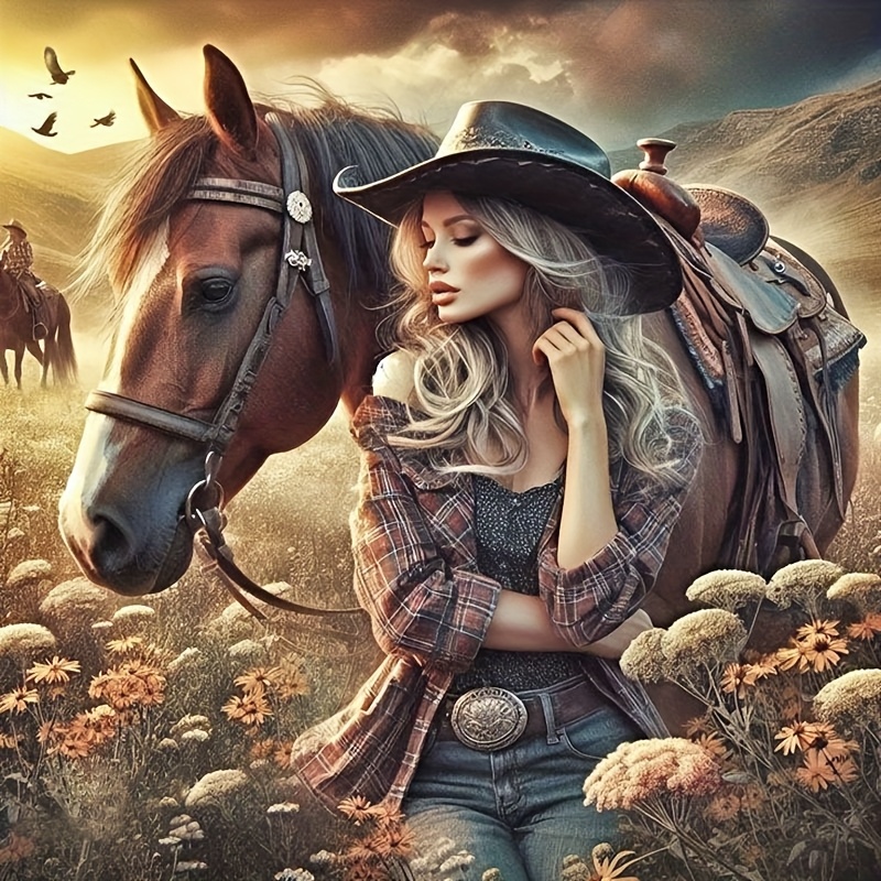 TEMU A Diamond Painting Kit Featuring A Cowgirl With A Horse In Setting, Sparkling Round Acrylic Gems, Mosaic Art, Home Wall Decoration, Relaxing And
