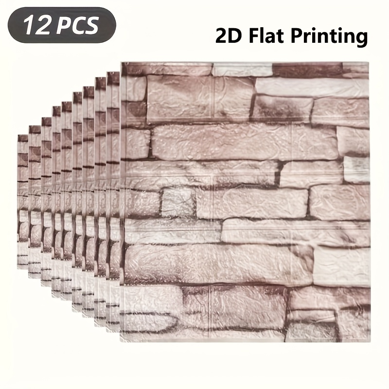 Image of Set Of 12 Foam Wall Stickers, Featuring 2d Printed Panels That Easily . Ideal For Decorating Bedrooms With A Brick Look, Self-adhesive Wallpapers Are Perfect For Living Rooms And Kitchen Tv Backdrops