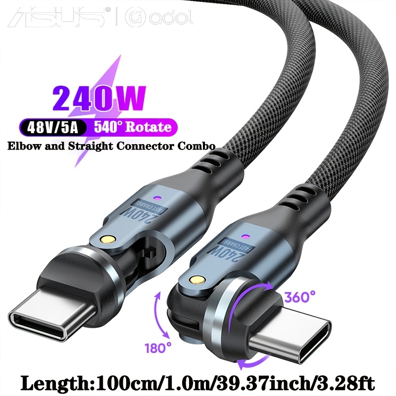 Image of Asus 240w Universal Super Fast Charging Cable, 540° Rotating Dual Type-c Carplay Charger, 2-in-1 Power & Data Transfer Braided Cord, Compatible With Iphone 16/17, Ipad, , , Laptop, Charger