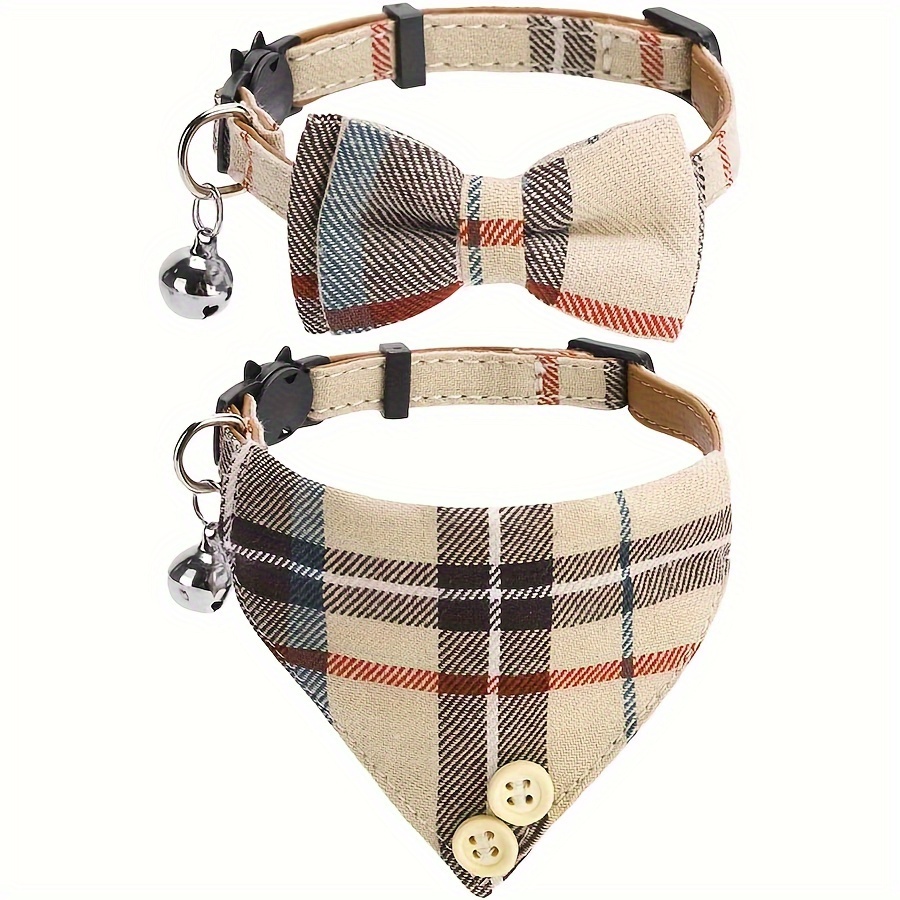 

2-pack Pet Cat Collars With Plaid Bow Tie And Triangle Bandana, Polyester, Safety Buckle, Bell Charm, Cat Accessories For Leash And Home Decor