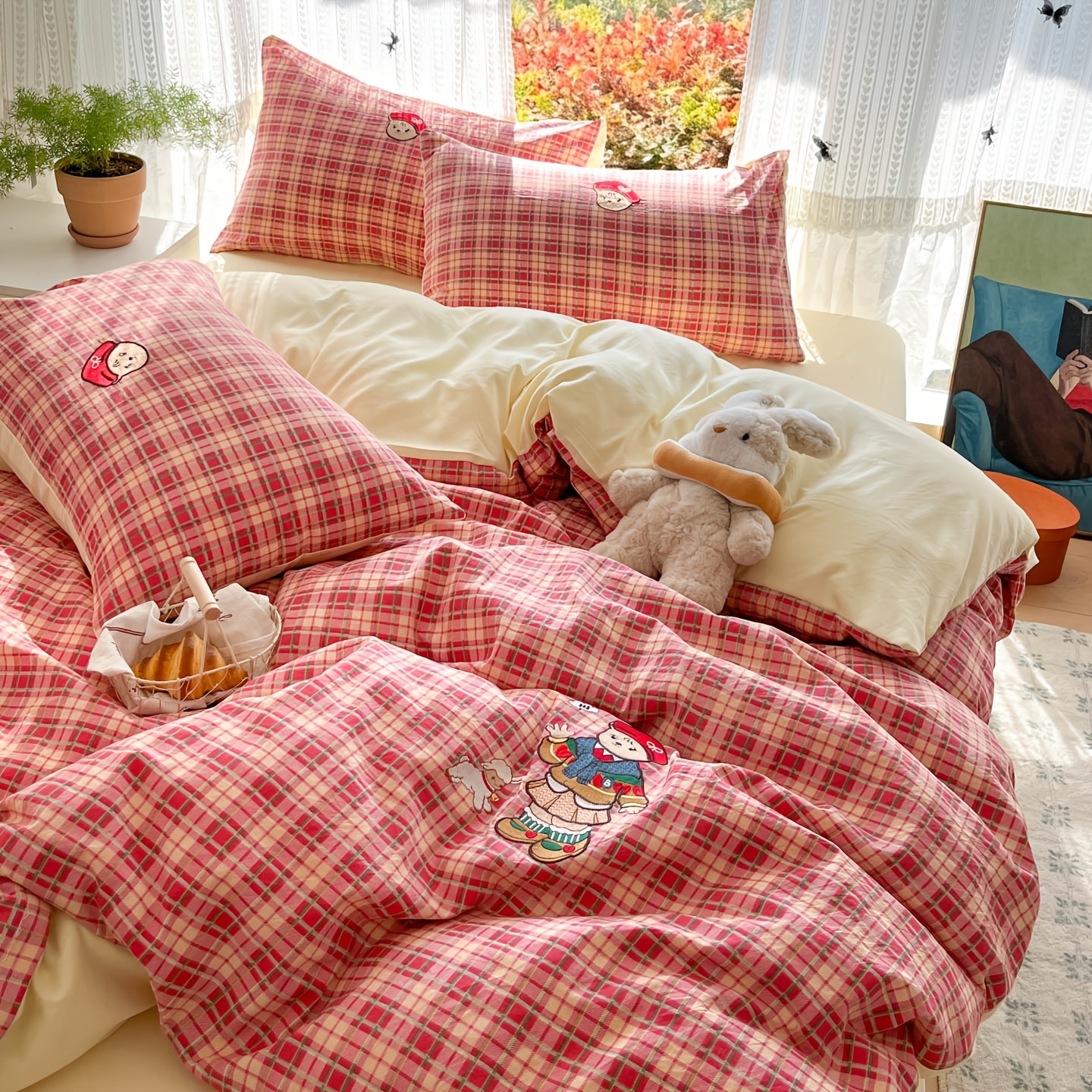 TEMU Red Contrast Cream Color Cute Character Rabbit Embroidery 4pcs Bedding, Soft Washed Duvet Cover Flat Sheet Set, Cozy Breathable Bed S With 1