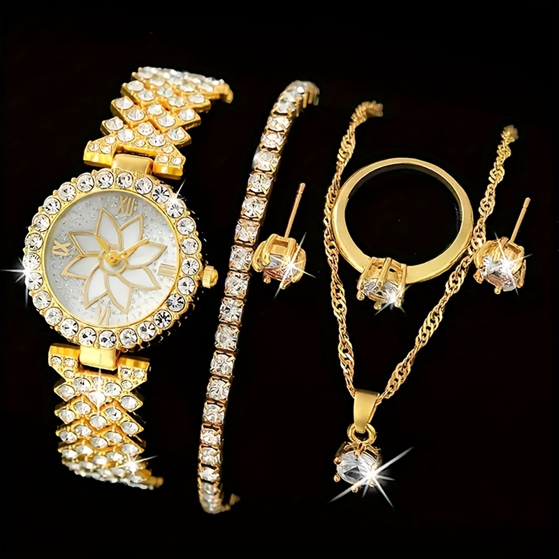 

6 montres à quartz dorées pour femmes, montre-bracelet en alliage avec ensemble de bijoux, excellent cadeau pour elle, maman, petite amie, cadeaux pour l'Aïd