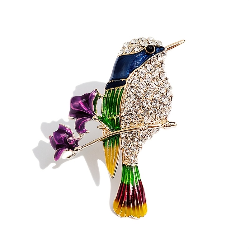 Image of Vintage-inspired Enamel Hummingbird Brooch With Red Roses - Colorful Alloy Bird Pin For Jackets, Coats, And Accessories, Bird Decor