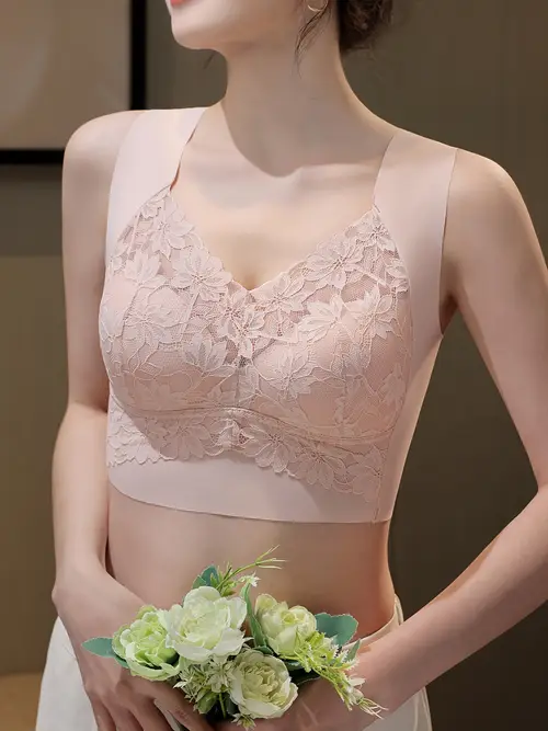 Women's Elegant Contrast Lace Trim Color Block Floral Print Bow Detail Anti-Sagging Push-Up Bra with Padded Cups - Medium Support Comfort Fit Tank Top for Everyday & Wear, Medium Support Underwear, Decorative Bow Design, Smooth Fabric Finish