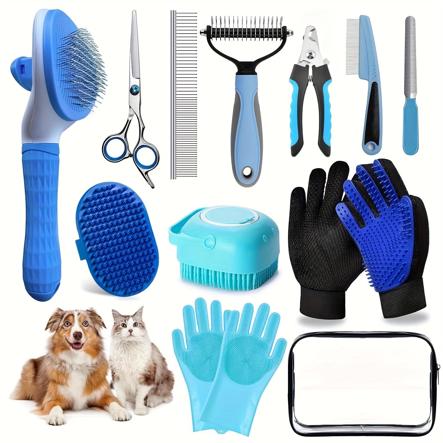 TEMU Dog Brush For Shedding 13pcs Bath Grooming Kit With Pet Nail Clipper And File- Dog Bath Brush Cat Grooming Supplies, Dematting Comb Bath Brush