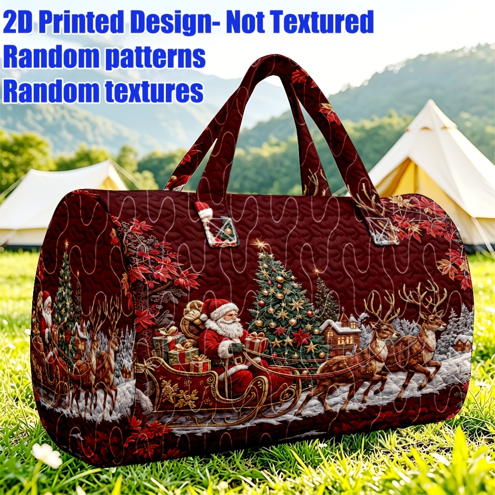 TEMU 1pc 2d Printed Women's Handbag With Sleigh Christmas Theme Print, Vintage Festive Style Large Capacity Travel Handbag, Suitable For Weekend