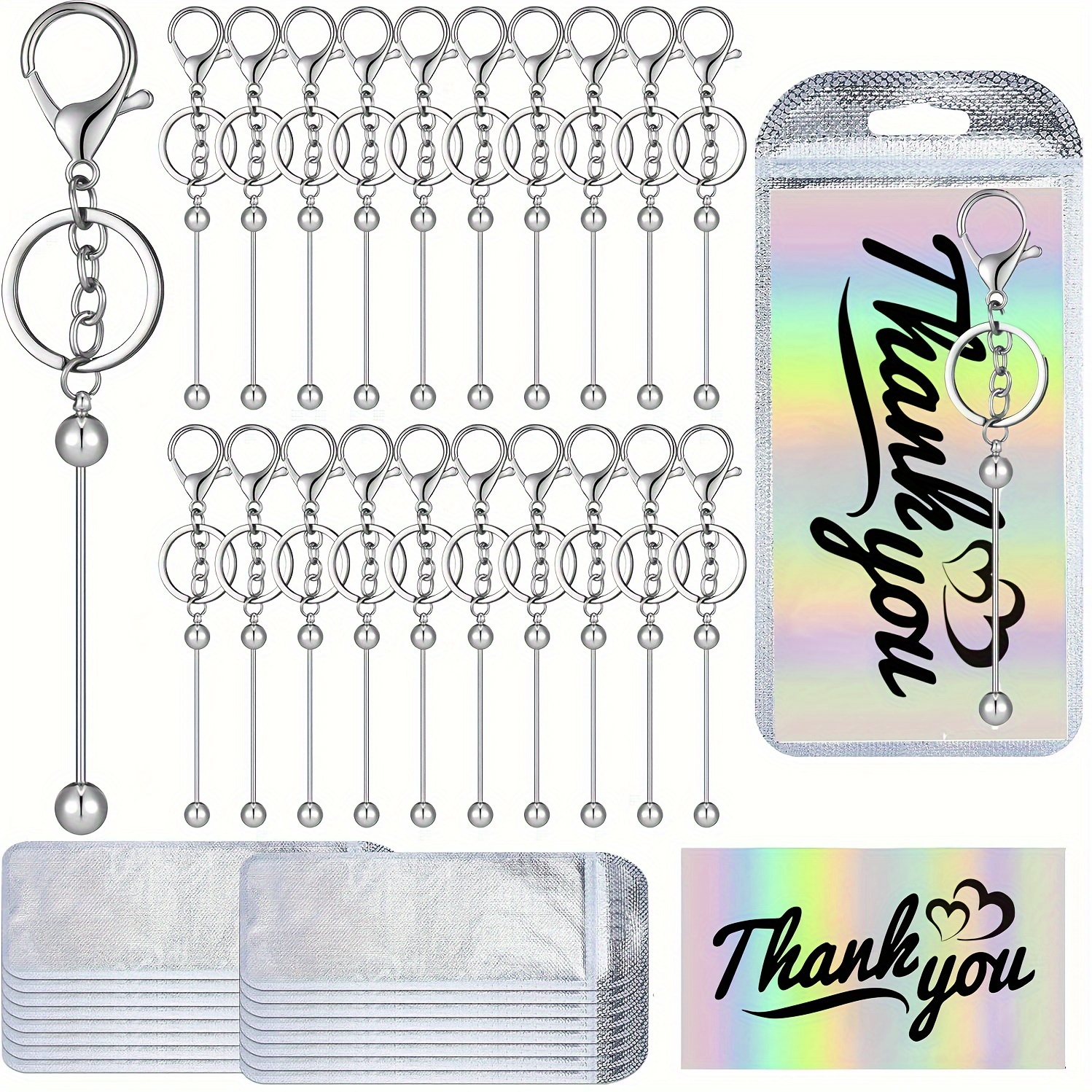 

60 Pcs Beadable Keychain Bars Resealable Pouch Bag And Thank You Cards Set Include 20 Beaded Keychain 20 Packaging Pouch 20 Appreciation Cards For Diy Pendant Craft Jewelry