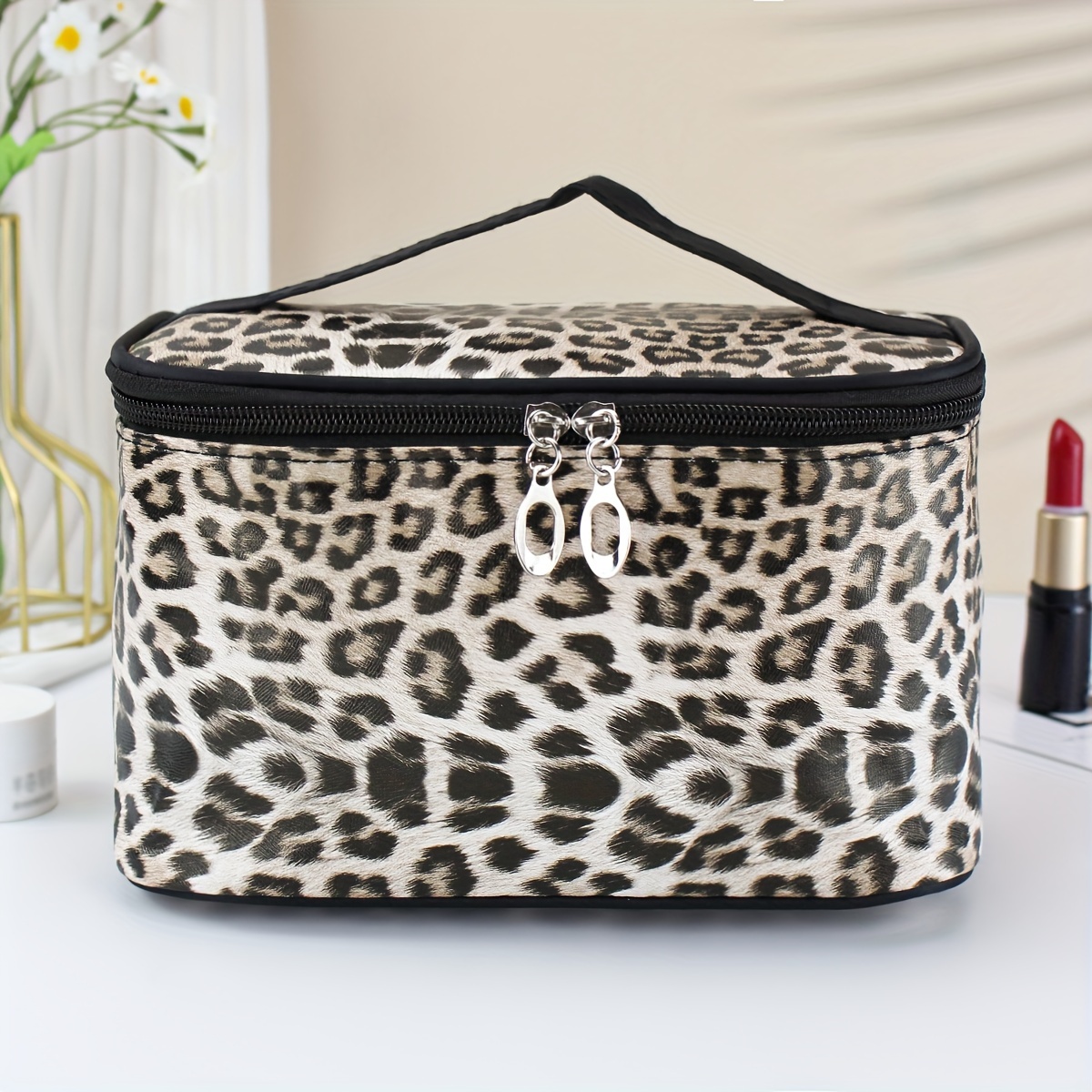 

Leopard Print Cosmetic Bag, Large Capacity, Square Pouch Organizer For Home And Travel Use, Fashionable Makeup Storage With Handle