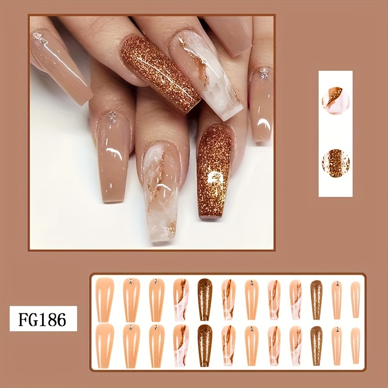 TEMU Long Coffin Ballet Press On Nails, Marble Golden Glitter Fake Nails,full Cover False Nails For Women And Girls Including Nail File And Jelly Glue