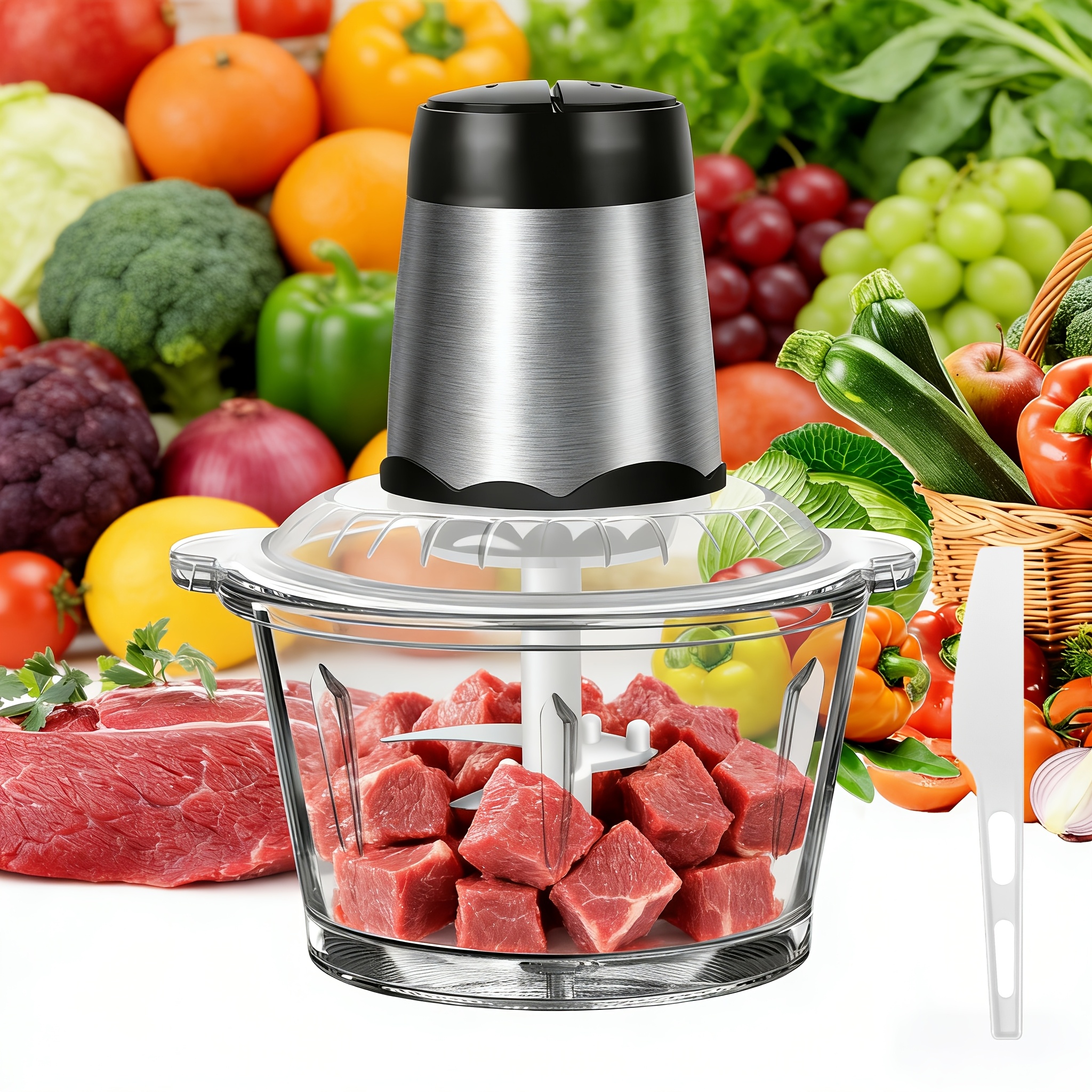 Image of 1600-watt Electric Meat Grinder With Food Chopper Features A 2-liter Glass Container And 4 Stainless Steel 2-speed Settings For Meat, Fruits, Vegetables, Nuts, Carrots, And Kitchen Use