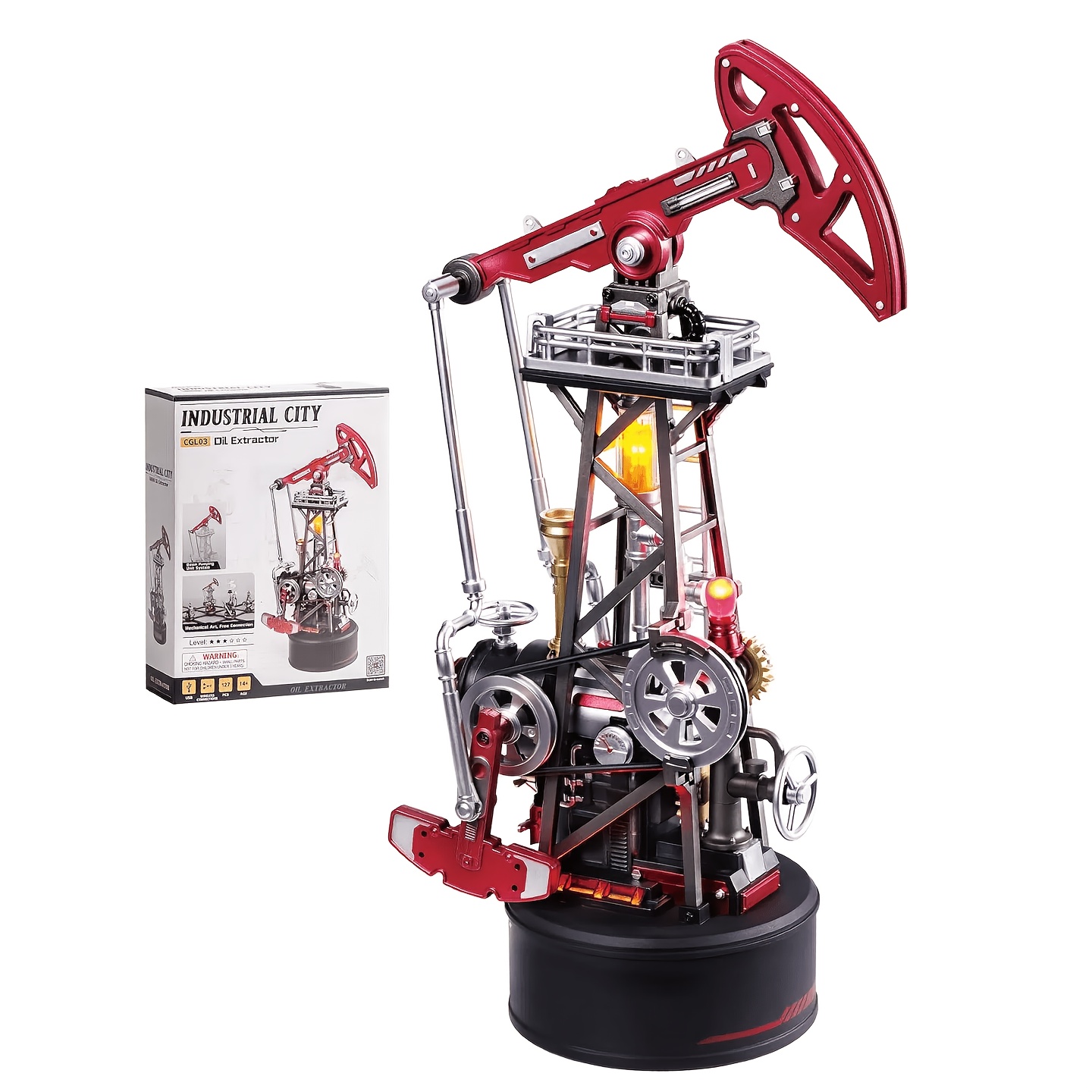 Image of Robotime 3d Puzzle, Oil Pump Jack Model Kit With Motor & Led, Series, Mechanical Craft Gift Ages 14+, Creative Gifts Christmas Room Desk Decor - Cgl03