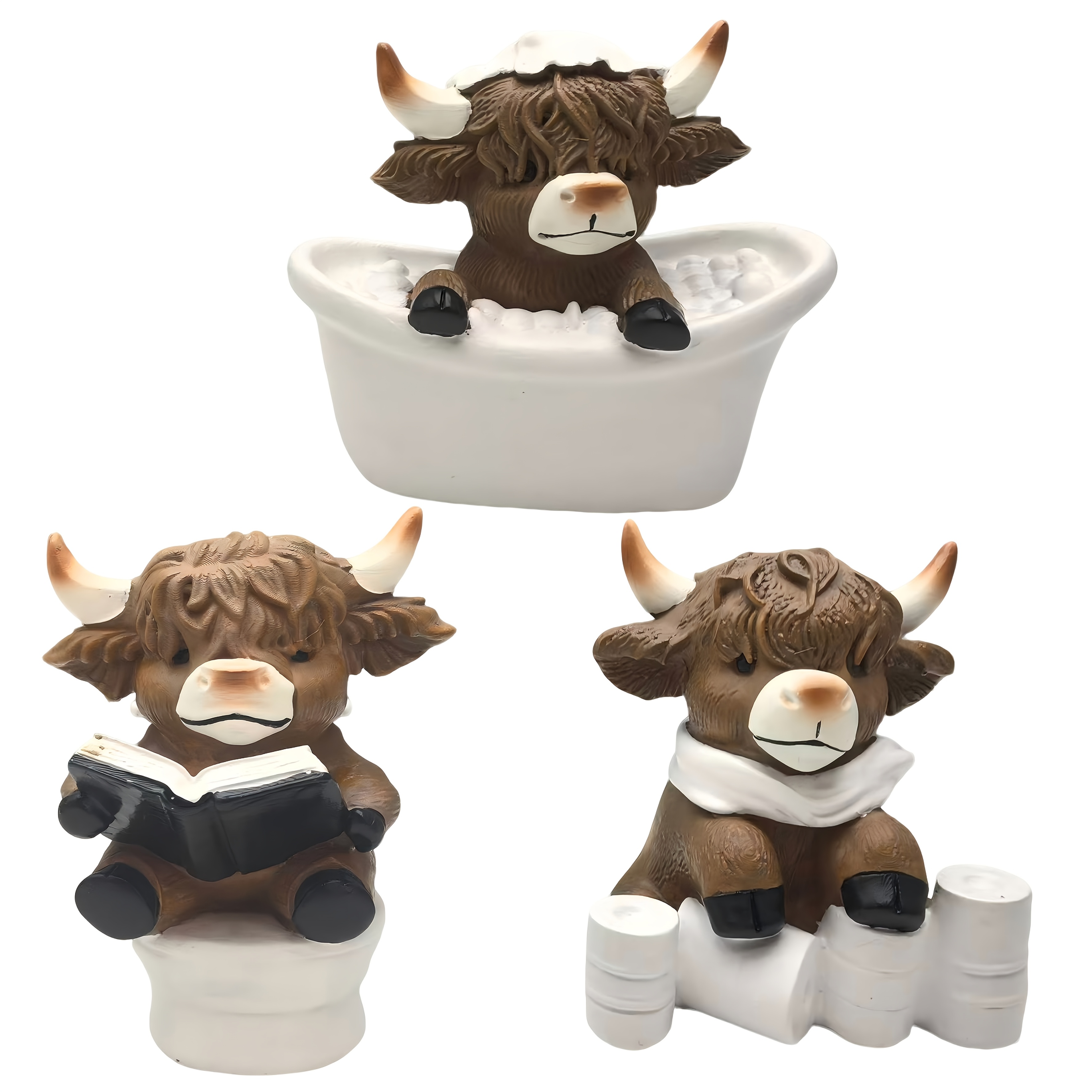 E-shop 3-teilige kreative Badezimmer-Serie Hochlandrind-Heim-Schreibtisch-Harzstatue-Ornament-Dekoration