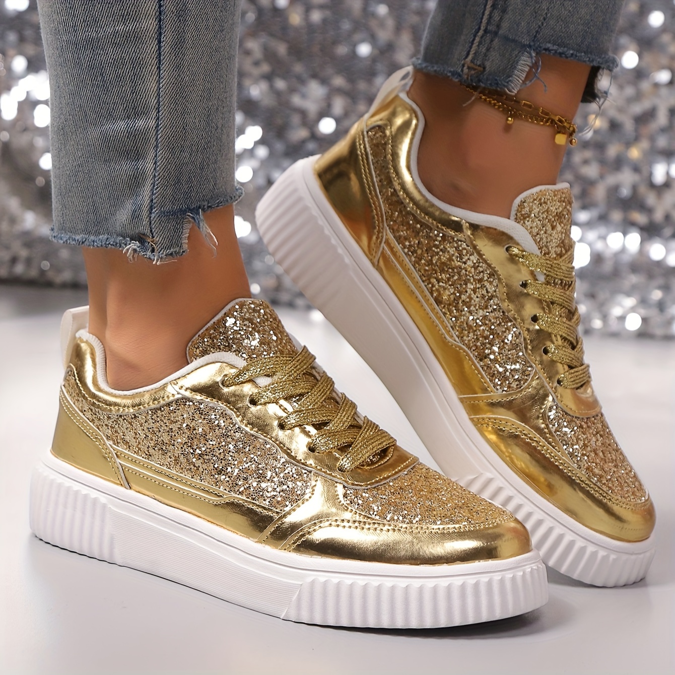 Gold sequin tennis shoes on sale