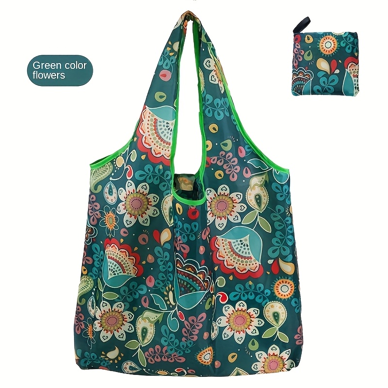 

Large Capacity Foldable Shoulder Bag With Floral Print - Reusable Polyester Tote For Shopping, High-quality Grocery & Travel Handbag, Green