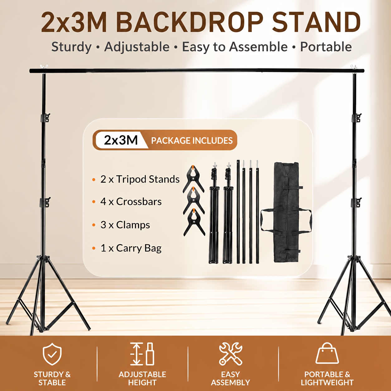 3x2m Adjustable Backdrop Stand, Heavy Duty Photo Background Support System With Carry Bag For Photography, Parties, Weddings