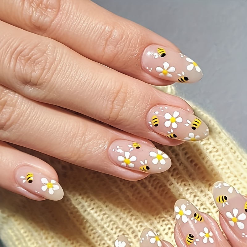 

24 Pieces Almond Shaped Fake Nails With Cute Bee And Daisy Designs, Easy Wear Everyday Nail Art, Removable Nail Tips