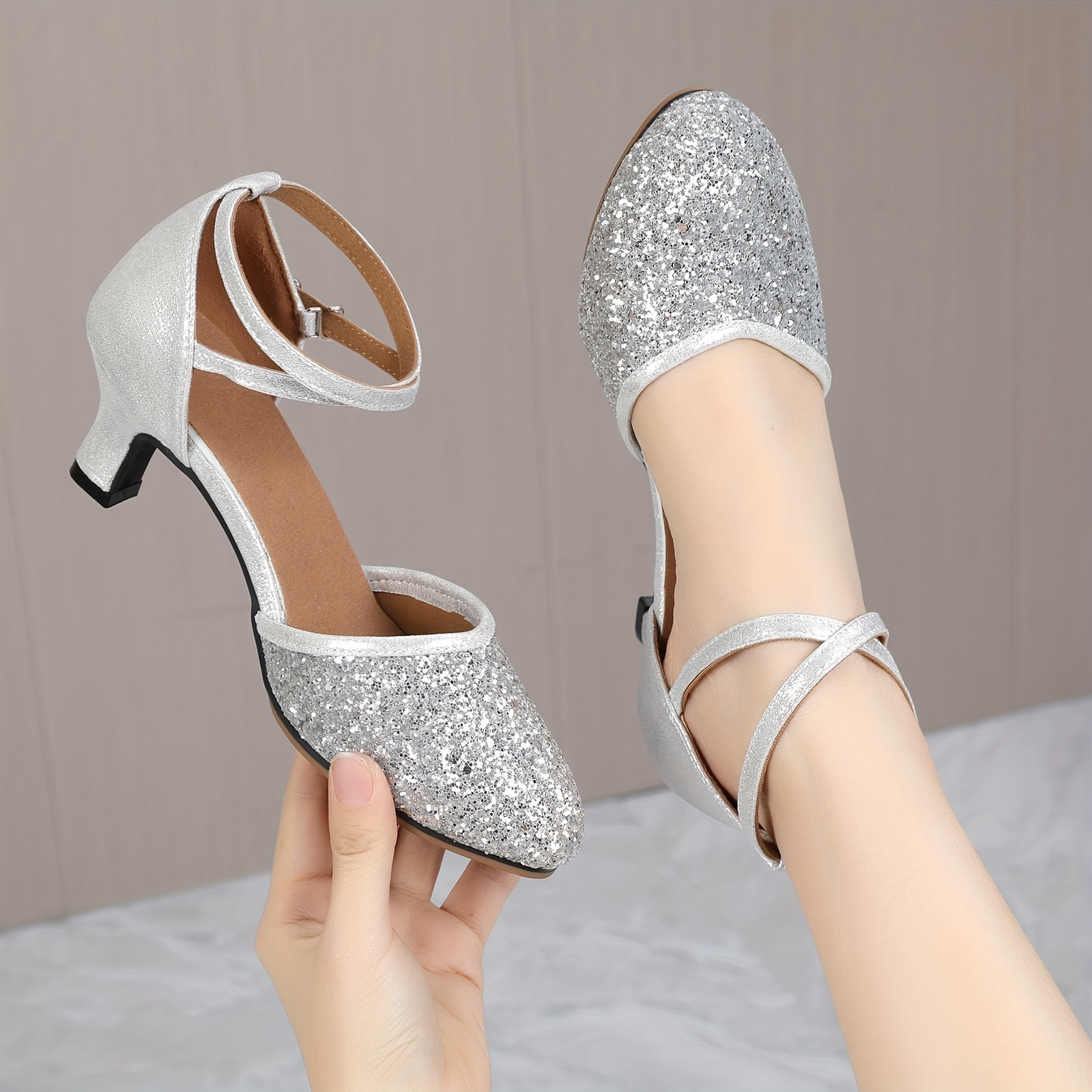 womens low heeled latin dance shoes sparkling sequin decor closed peep toe cross strap buckle for music festival dancing